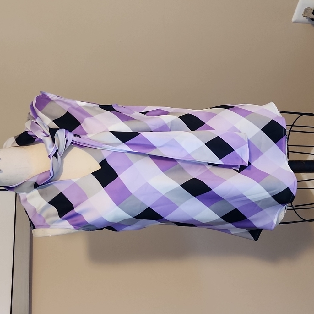 Nine West purple check career blouse w bow M